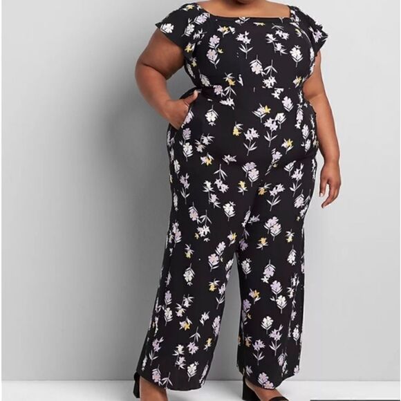 Lane Bryant Lena Flutter Sleeve Black Floral Jumpsuit NWT Size 16 - Picture 1 of 12